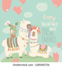 Cartoon mexican white alpaca llamas couple with hearts balloons. Happy Valentines day