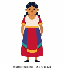 a cartoon Mexican woman in traditional clothing. Latin American culture. Suitable for children's books, sticker,t shirt design, mascot, logo. Isolated on white background. Front view. Vector 