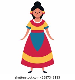 a cartoon Mexican woman in traditional clothing. Latin American culture. Suitable for children's books, sticker,t shirt design, mascot, logo. Isolated on white background. Front view. Vector 