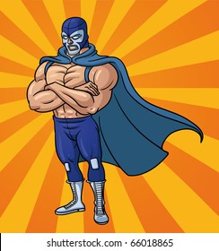 Cartoon mexican wrestler standing with crossed arms. Vector illustration with simple gradients. Character and background on separate layers for easy editing.