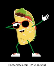 Taco mexicano de dibujos animados en gafas de sol haciendo movimiento DAB, bailando estilo hip hop. Ilustración vectorial.