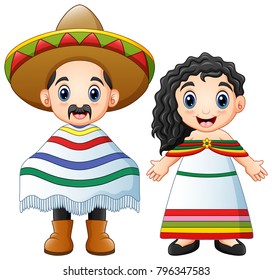 Cartoon Mexicans couple wearing traditional costumes