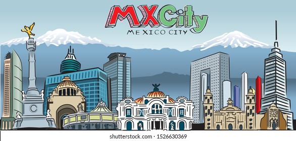 Cartoon of Mexico city skyline