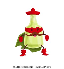 Cartoon mezcal or tequila superhero defender. Mexican super hero character, isolated vector bottle in traditional sombrero hat, cape, boots, gloves and mask. Funny alcohol drink comics book personage