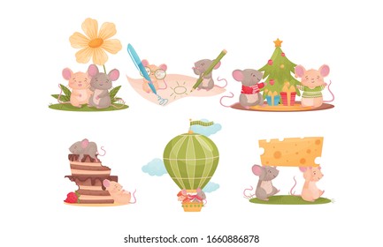 Cartoon Mice Characters Sitting Near Christmas Tree and Carrying Cheese Vector Set