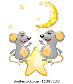 Cartoon mice hold a large piece of cheese on a leash. Mouse  for on children design. Cute fantasy character for t-shirts and cards. Vector illustration isolated on a white background.