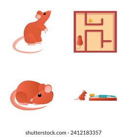 Cartoon mice icons set cartoon vector. Cute mouse near mousetrap and in maze. Cartoon character
