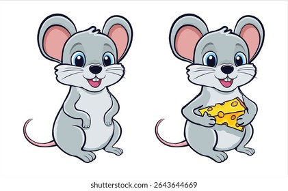 cartoon mice with large ears and big eyes, smiling, one holding a piece of yellow cheese with holes . 