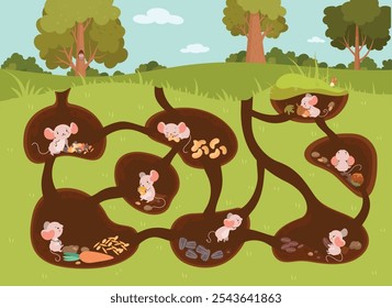 Cartoon mice underground. Little mouse with seeds nuts in holes with passages. Forest wild animals ready for winter in soil tonnels, nowaday vector scene