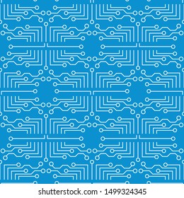 Programa de micro caricaturas sobre el patrón azul transparente. Papel tapiz de la placa del circuito electrónico plano. Fondo abstracto de la motherboard. Textura de Microchip Impreso de Alta Tecnología. Nanotecnología. RFID. Ilustración vectorial