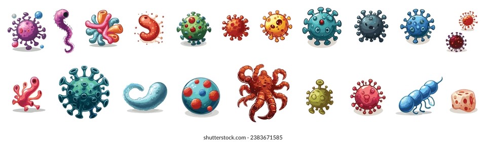 Cartoon microbes and viruses set. Germs characters with funny faces, bacteria and disease viruses mascots. Pathogen microorganism vector illustration collection