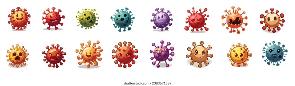 Cartoon microbes and viruses set. Germs characters with funny faces, bacteria and disease viruses mascots. Pathogen microorganism vector illustration collection