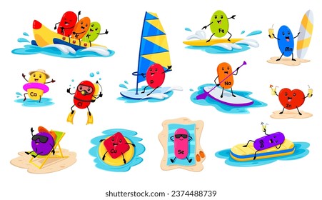 Personajes de caricatura en las vacaciones de verano. Vector K, P, Fe y Mn, Ca, Cl, Na y Zn. Las cápsulas de suplemento alimenticio I, Cu, Se y Mg se relajan en las vacaciones practicando deportes acuáticos y diversión en la playa