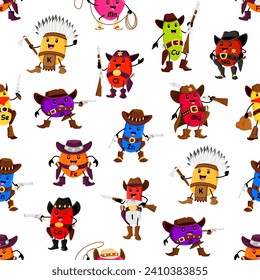 Cartoon micronutrient cowboys seamless pattern. Vector background with vitamin and mineral characters of funny Wild West cowboys, sheriffs and indians. Cute western micronutrient pills personages