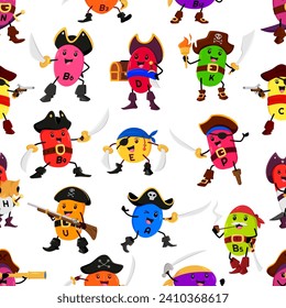 Cartoon micronutrient pirate or corsair characters seamless pattern. Vector vitamins, food supplement capsule buccaneers with happy faces and swords repeated ornament. nutritional element personages