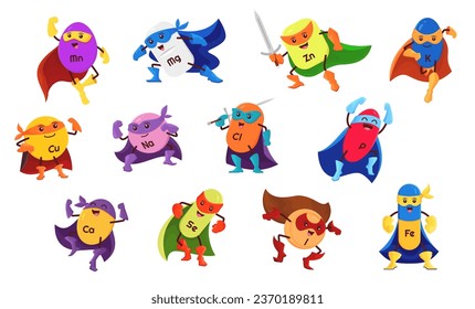 Cartoon micronutrient superhero characters. Funny vitamin and mineral vector personages in super hero capes and costumes. Cute pills of zinc, calcium, magnesium and selenium, manganese, ferrum, iodine