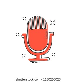Cartoon microphone icon in comic style. Mic illustration pictogram. Mike sign splash business concept.