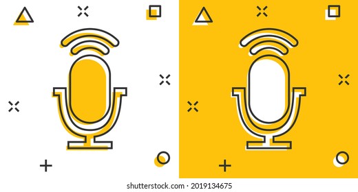 Cartoon microphone icon in comic style. Mic illustration pictogram. Mike sign splash business concept.