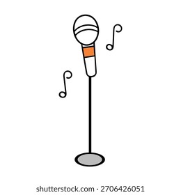 Micrófono de dibujos animados con notas musicales en la ilustración del icono del soporte