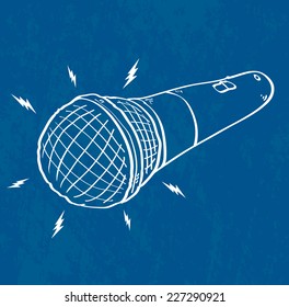 Cartoon microphone on blue background, vector illustration