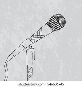 Cartoon microphone on gray background, vector illustration
