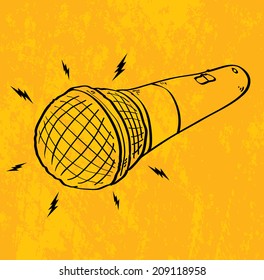 Cartoon microphone on orange background, vector illustration