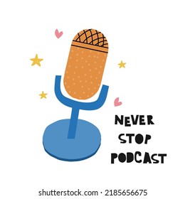 Micrófono de dibujos animados y cita. Ilustración vectorial de podcast.