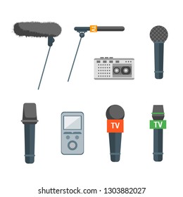 Cartoon Microphone Set Press Conference Element News or Interviews Concept Flat Design Style. Vector illustration of Journalism Sign