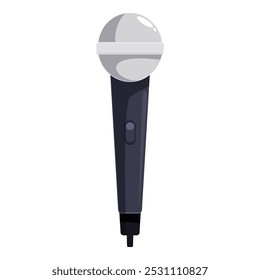 Cartoon microphone with a silver top and black handle is standing up on a white background