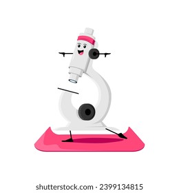 Cartoon microscope school supply character on yoga fitness sport. Isolated vector cheerful personage embodying a balance of science and wellness, the harmony of mind and body in the world of research