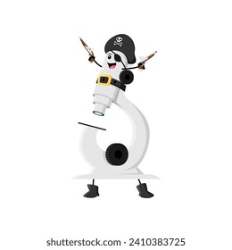 Cartoon microscope school supply pirate and corsair character. Isolated vector tool personage sporting an eye patch, wielding pistols, ready to explore the microscopic world with scientific curiosity