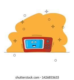 Cartoon microwave kitchen appliances. Funny character. A red and blue microwave with eyes on a yellow background is working. icon, symbol, games, web applications. Vector illustration