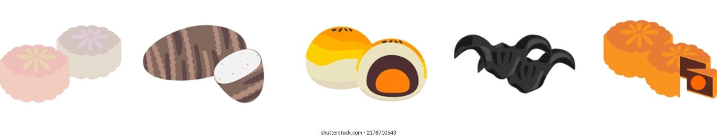 Cartoon Mid Autumn Festival Food Set. Collection included mooncake, snow skin mooncake, taro, water caltrop, yolk pastry. Isolated on white background, flat design, vector, illustration, EPS10