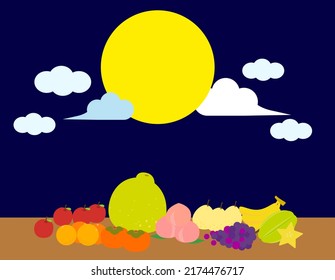 Cartoon Mid-autumn Festival drawing. Full table of festival celebration food and fruit together with full moon with clouds. Flat design wallpaper, vector, illustration, EPS10