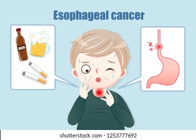 Cartoon middle-aged man suffer a sore throat with foods which are easily lead to esophageal cancer cause