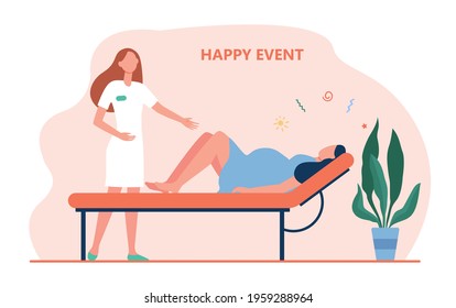 Cartoon midwife helping woman giving birth. Flat vector illustration. Woman going through contractions, preparing for childbirth in hospital. Medicine, childbirth, happy event, delivering baby concept