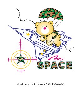 cartoon military bear parachuting vector illustration