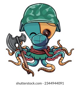 Cartoon military cyborg octopus character with face mask and an axe in his tentacle. Illustration for fantasy, science fiction and adventure comics