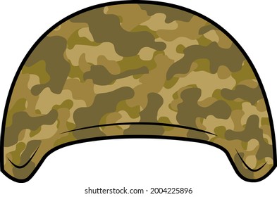 Cartoon Military Helmet With Camouflage Patterns. Vector Hand Drawn Illustration Isolated On Transparent Background