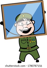 Cartoon Military Man looking from glass frame