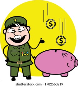 Cartoon Military Man Saving Money In Piggy Bank