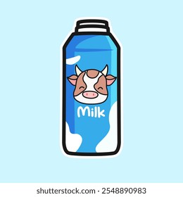 Botella de leche de dibujos animados. Linda Ilustración vectorial de color. Producto asiático kawaii lindo estilo de diseño de anime aislado sobre fondo azul