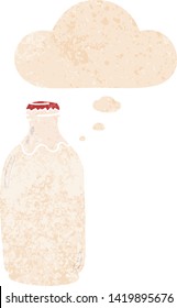 botella de leche de dibujos animados con burbuja de pensamiento en un estilo retro angustiado con textura grunge