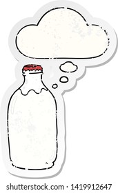 botella de leche de dibujos animados con burbuja de pensamiento como pegatina desgastada angustiada
