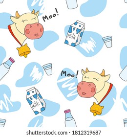 cartoon milk in bottles and glass and happy cow on white background seamless pattern, editable vector illustration