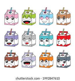 cartoon milk box with funny and smiling facial expressions, icon set logo vector illustration
