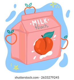 Cartoon milk box with peach with blue background and drops. Hand drawn vector illustration.