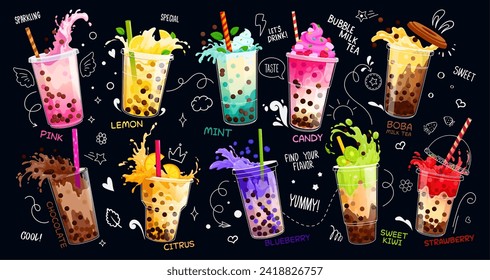 Cartoon milk bubble tea with splash for drinks bar menu, vector beverage cups in doodle chalk on blackboard. Milk bubble tea with fruit or berry flavors, chocolate, candy or strawberry topping splash