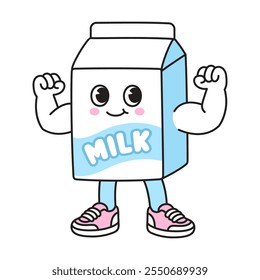 Cartoon milk carton character flexing biceps, funny vector illustration. Calcium and protein for healthy muscles and bones.