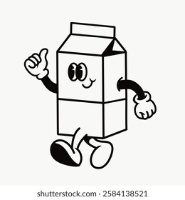 Cartoon milk carton character with a smiling face, giving a thumbs up. Simple black and white design, featuring gloves and shoes. Playful and cheerful illustration. Line art illustration vector.